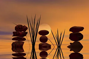 Three piles of stones at sunset, 3D graphics Three piles of stones at sunset, 3D graphics