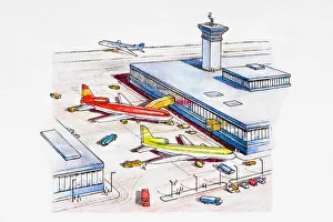 Two planes in parking position outside airport terminal, another plane taking off Two planes in parking position outside airport terminal, another plane taking off