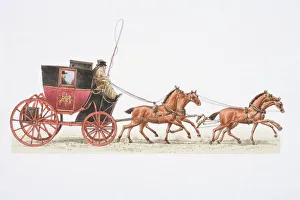 Postboy driving 1784 mail coach drawn by four horses, side view Postboy driving 1784 mail coach drawn by four horses, side view