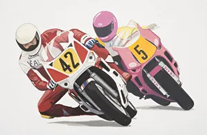Two racers wearing helmets and knee sliders leaning sideways while riding motorbikes Two racers wearing helmets and knee sliders leaning sideways while riding motorbikes