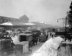 Railroad Snow; Horsedrawn carts crowd the intersection of West and Chambers Streets Railroad Snow; Horsedrawn carts crowd the intersection of West and Chambers Streets