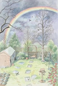 Rainbow arching over domestic garden, against cloudy sky Rainbow arching over domestic garden, against cloudy sky