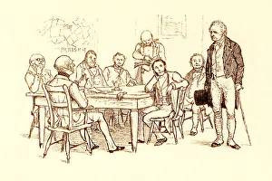 Randolph Caldecott illustration: old man meeting Parish Board of Guardians Randolph Caldecott illustration: old man meeting Parish Board of Guardians