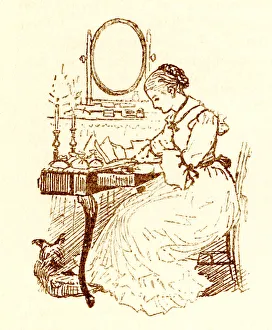 Randolph Caldecott sketch of a Victorian woman at her desk Randolph Caldecott sketch of a Victorian woman at her desk