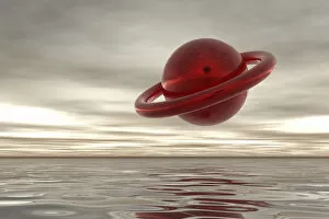Annular Collection: Red flying object in the grey sky, 3D computer graphics