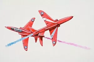 Aerobatics Collection: Red jets flying in formation spewing coloured smoke behind them