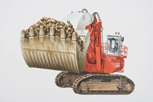 Red mining shovel with bucket full of earth Red mining shovel with bucket full of earth