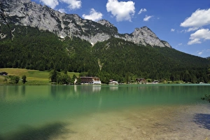 Reiter Alps, the shimmering green Lake Hintersee at the front, Ramsau bei Berchtesgaden, Berchtesgadener Land District Reiter Alps, the shimmering green Lake Hintersee at the front, Ramsau bei Berchtesgaden, Berchtesgadener Land District