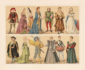 Renaissance cosumes (15th and 16th century), chromolithograph, published in 1897 Renaissance cosumes (15th and 16th century), chromolithograph, published in 1897