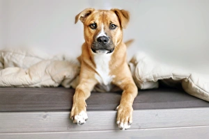 Rescue mutt puppy sitting on bed looking at camera Rescue mutt puppy sitting on bed looking at camera