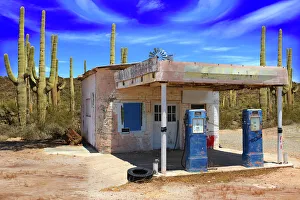 Retro Style Desert Scene with Old Gas Station and Saguaro Cactus Retro Style Desert Scene with Old Gas Station and Saguaro Cactus