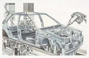Robots manufacturing car on production line, side view Robots manufacturing car on production line, side view