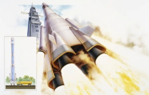Rocket blasting into space, low angle view Rocket blasting into space, low angle view
