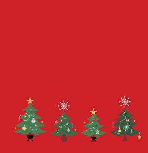 Row of four decorated Christmas trees against red background Row of four decorated Christmas trees against red background