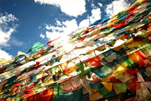 Rows of Colorful Prayer Flags in Mount Everest Sun Rows of Colorful Prayer Flags in Mount Everest Sun