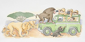 A safari jeep with monkeys climbing on it, lions following close behind A safari jeep with monkeys climbing on it, lions following close behind