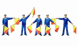 Sailors demonstrating flag semaphore system Sailors demonstrating flag semaphore system