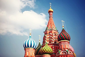 Saint Basils Cathedral in clouds in Moscow Russia Saint Basils Cathedral in clouds in Moscow Russia