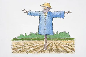 Scarecrow in blue coat and yellow hat standing in a field Scarecrow in blue coat and yellow hat standing in a field