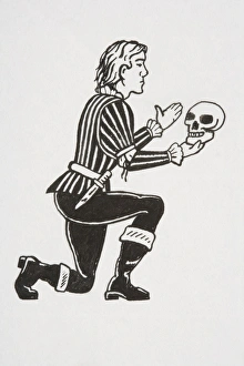 Scene from Hamlet, protagonist kneeling and holding up human skull, Alas, poor Yorick Scene from Hamlet, protagonist kneeling and holding up human skull, Alas, poor Yorick
