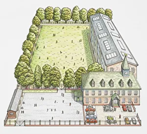 School building with playgrounds and car park School building with playgrounds and car park