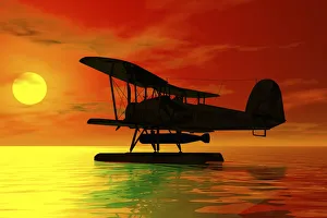 Seaplane landing at sunset, silhouette, 3D graphics Seaplane landing at sunset, silhouette, 3D graphics