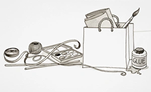 Selection of art materials, sticky tape, spool of string, water colours, paint brush Selection of art materials, sticky tape, spool of string, water colours, paint brush