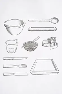 Selection of cooks utensils, including mixing bowl, spoon, rolling pin, knife, fork Selection of cooks utensils, including mixing bowl, spoon, rolling pin, knife, fork