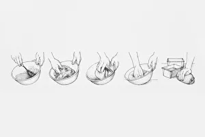 Sequence of black and white illustrations showing how to make bread dough Sequence of black and white illustrations showing how to make bread dough
