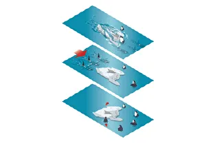 Sequence of digital illustrations showing Killer Whales (Orcinus orca) wave hunting for seals resting on ice floes Sequence of digital illustrations showing Killer Whales (Orcinus orca) wave hunting for seals resting on ice floes