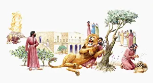 Sequence of illustrations showing Samson wrestling a lion, and eating honey from its carcass, Samson telling a riddle Sequence of illustrations showing Samson wrestling a lion, and eating honey from its carcass, Samson telling a riddle