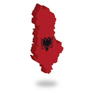 Shape and national flag of Albania, levitating, 3D computer graphics Shape and national flag of Albania, levitating, 3D computer graphics