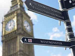 Sign Post In Front Of Big Ben, London, England Sign Post In Front Of Big Ben, London, England