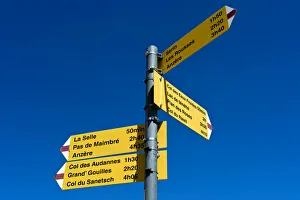 Signposts for hiking routes at the Cabane des Audannes, Bernese Alps, Canton of Valais, Switzerland Signposts for hiking routes at the Cabane des Audannes, Bernese Alps, Canton of Valais, Switzerland