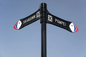 Signposts Pompei and Skansinn, town of Vestmannaeyjar, Heimaey Island, Westman Islands, south Iceland or Suourland Signposts Pompei and Skansinn, town of Vestmannaeyjar, Heimaey Island, Westman Islands, south Iceland or Suourland
