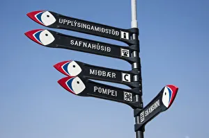 Signposts in the town of Vestmannaeyjar, Heimaey Island, Westman Islands, South Iceland or Suourland, Iceland, Europe Signposts in the town of Vestmannaeyjar, Heimaey Island, Westman Islands, South Iceland or Suourland, Iceland, Europe