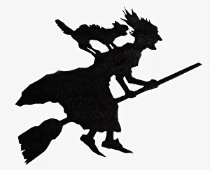Sillouette of a witch riding on a broomstick with black cat on her back Sillouette of a witch riding on a broomstick with black cat on her back