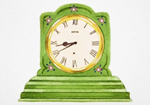 Small, green clock with Roman numerals on face Small, green clock with Roman numerals on face