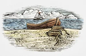 Small wooden fishing boat moored on beach on coastline, with sailing boat in background Small wooden fishing boat moored on beach on coastline, with sailing boat in background