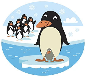 Smiling adult Penguin and chick standing on small ice floe Smiling adult Penguin and chick standing on small ice floe