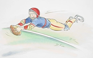 Smiling American football player leaping forward horizontally over touchdown line with outstretched hands gripping ball Smiling American football player leaping forward horizontally over touchdown line with outstretched hands gripping ball