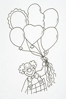 Smiling clown in overalls and bow tie holding a bunch of helium baloons, front view Smiling clown in overalls and bow tie holding a bunch of helium baloons, front view