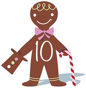 Smiling gingerbread man holding hat and walking stick Smiling gingerbread man holding hat and walking stick