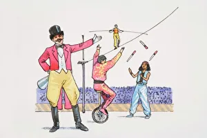 Smiling ringmaster in circus ring pointing to acrobats juggling, walking tightrope and balancing on unicycle Smiling ringmaster in circus ring pointing to acrobats juggling, walking tightrope and balancing on unicycle