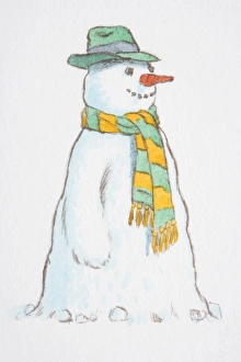 Smiling snowman wearing green hat and yellow-green striped scarf, side view Smiling snowman wearing green hat and yellow-green striped scarf, side view