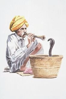 Abstract Collection: Snake charmer playing flute-like instrument, snake emerging from basket in front