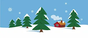 Snow landscape with trees and a house with smoke rising from the chimney Snow landscape with trees and a house with smoke rising from the chimney