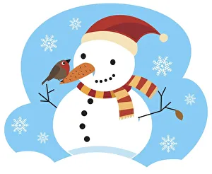 Snowman with striped scarf wrapped around neck, red christmas hat Snowman with striped scarf wrapped around neck, red christmas hat