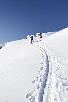 Snowshoers during the ascent to Uribrutto Mountain above the Passo Valles, Dolomites, Trentino, Italy, Europe Snowshoers during the ascent to Uribrutto Mountain above the Passo Valles, Dolomites, Trentino, Italy, Europe