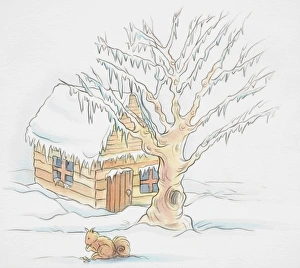 Snowy scene, wooden hut and tree covered with layer of snow, squirrel sitting in foreground eating nuts, side view Snowy scene, wooden hut and tree covered with layer of snow, squirrel sitting in foreground eating nuts, side view